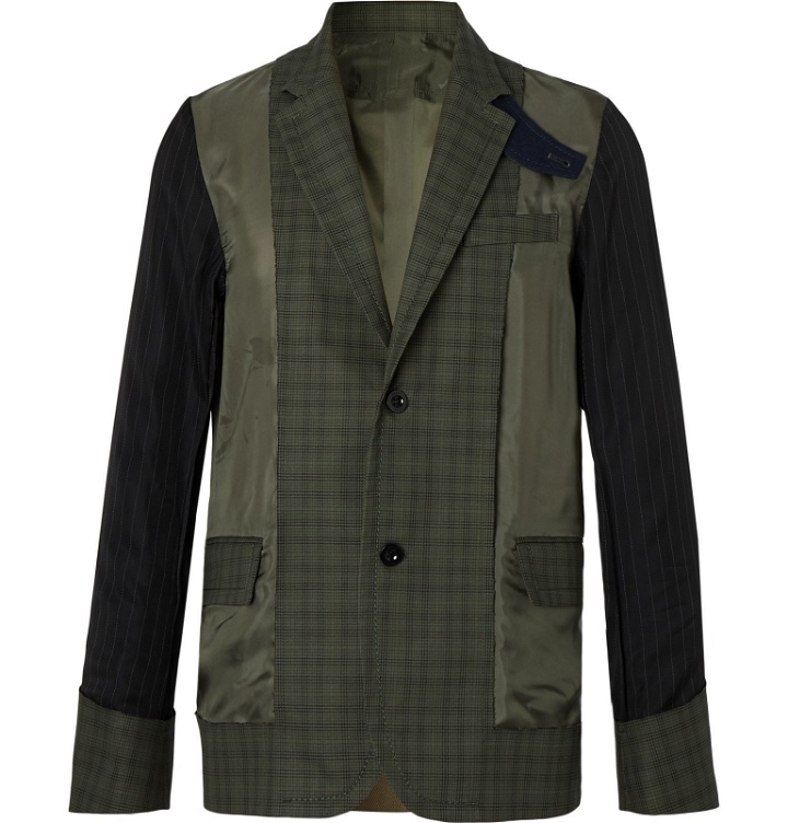 Photo: Sacai - Slim-Fit Shell-Panelled Prince of Wales Checked Cotton Jacket - Green