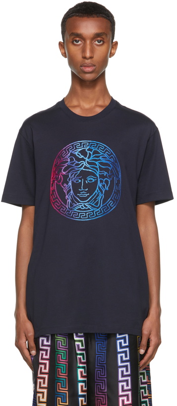 Photo: Versace Navy & Multicolor Embroidered Medusa T-Shirt