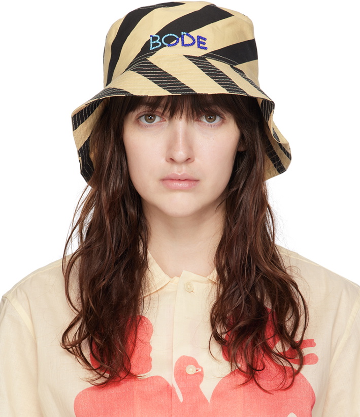 Photo: Bode Beige & Black Domino Stripe Bucket Hat