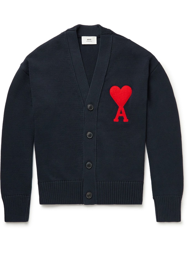 Photo: AMI PARIS - Logo-Embroidered Organic Cotton and Wool-Blend Cardigan - Blue