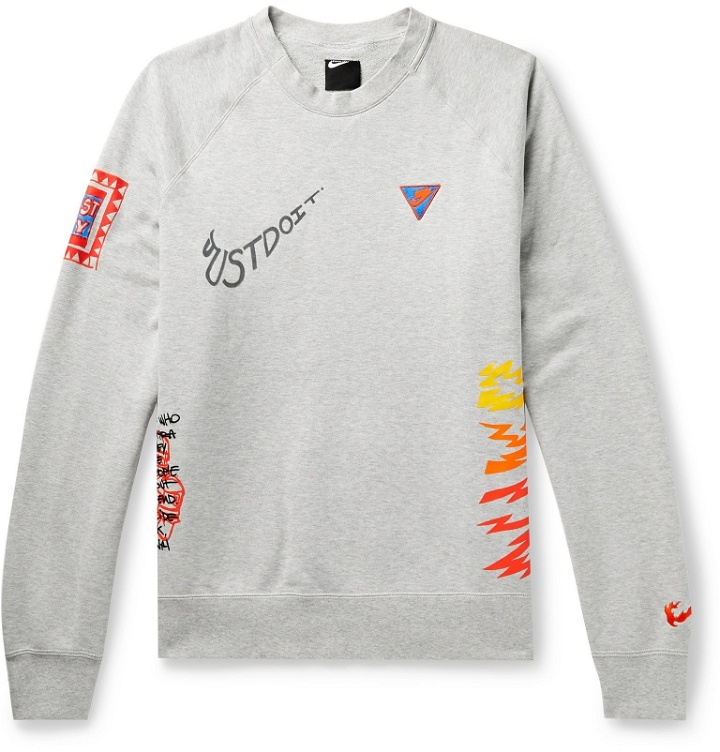 Photo: Nike - Scribble & Doodle Printed Flocked Logo-Appliquéd Mélange Loopback Cotton-Jersey Sweatshirt - Gray