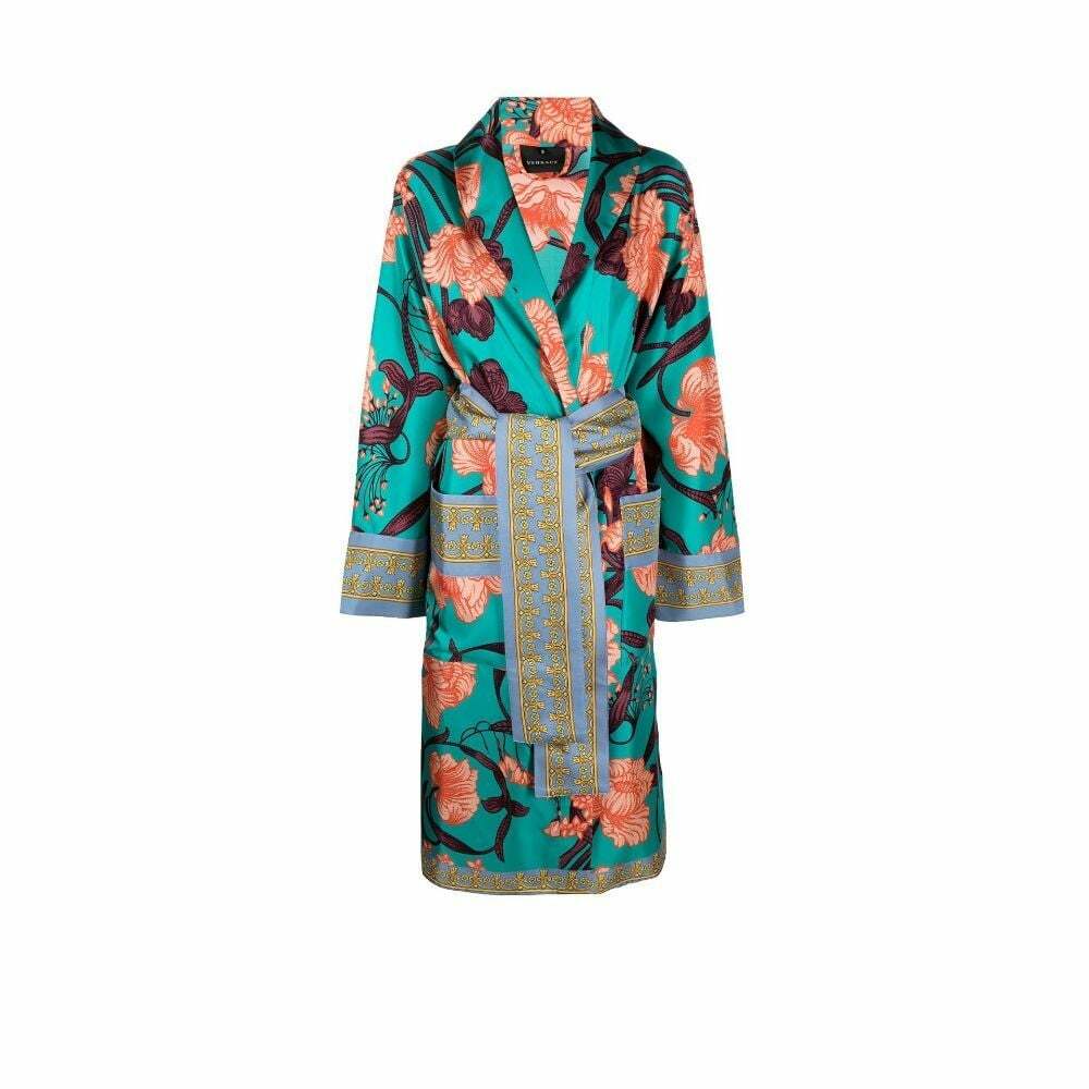 Versace Blue Art Deco Flowers Printed Silk Robe Versace