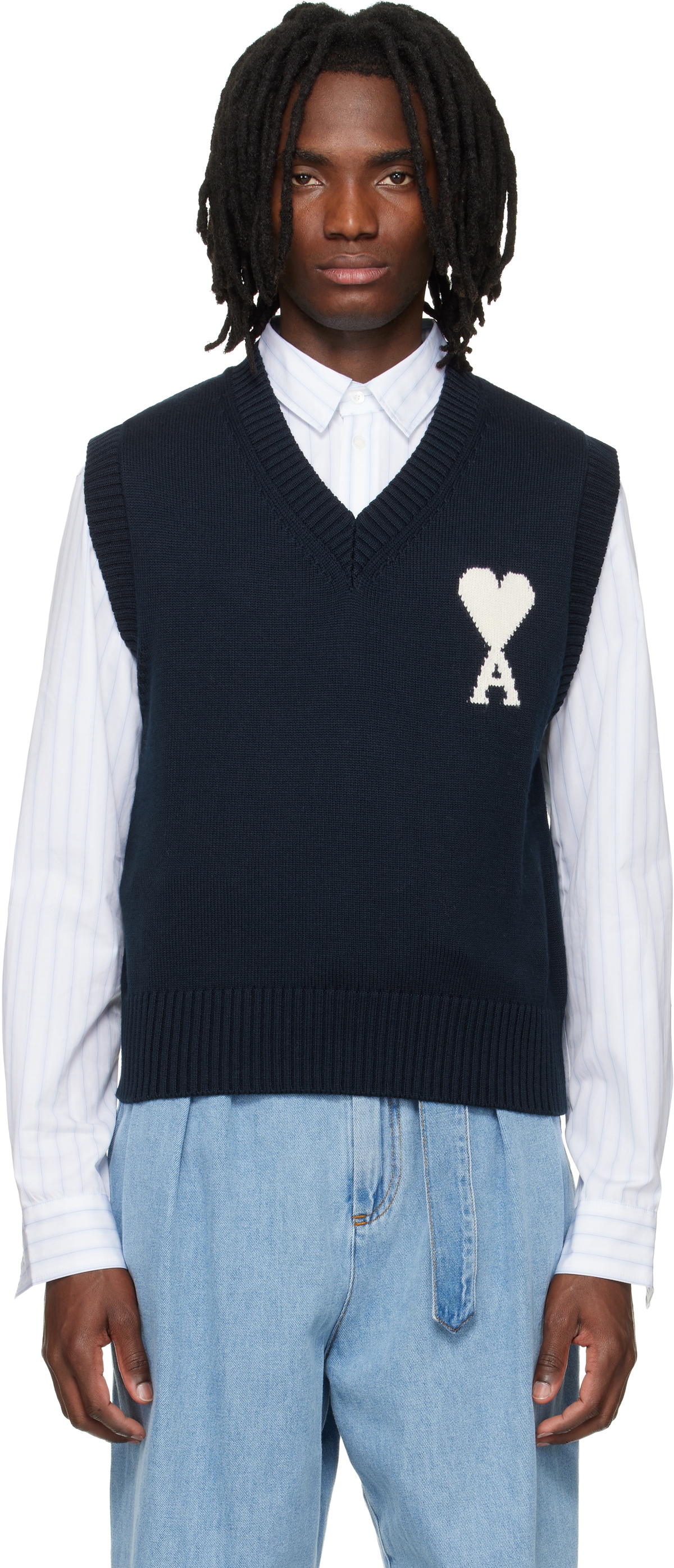 AMI Paris Navy Wool Cotton Sleeveless Ami de Coeur Sweater