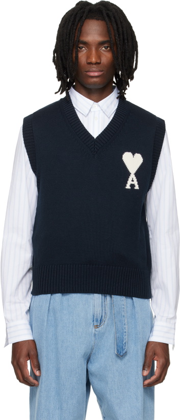 Photo: AMI Paris Navy Wool Cotton Sleeveless Ami de Coeur Sweater