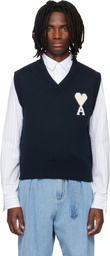 AMI Paris Navy Wool Cotton Sleeveless Ami de Coeur Sweater