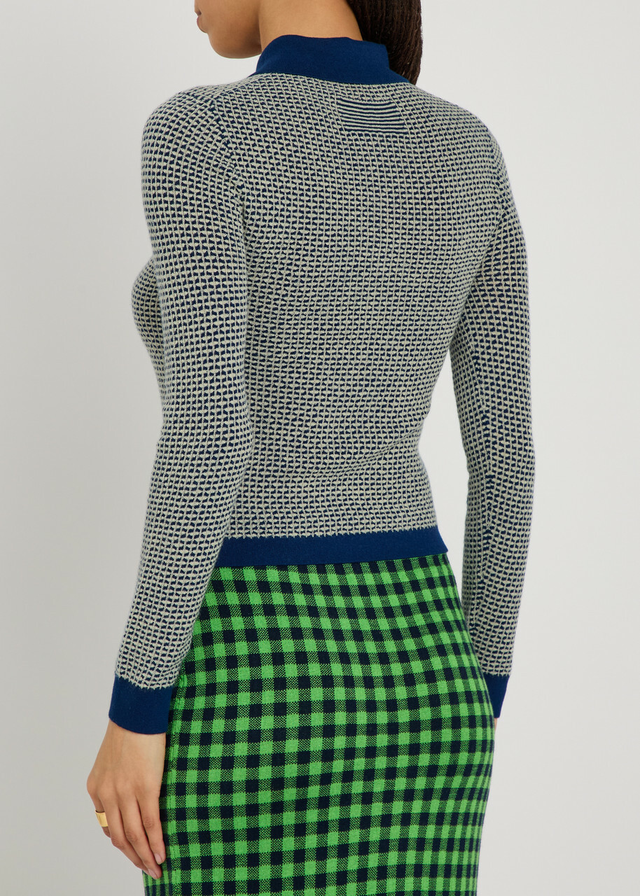 Guest In Residence Shrunken Patterned Cashmere Polo top Navy