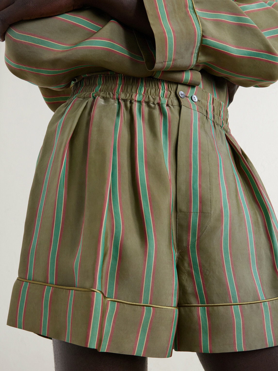 SAINT LAURENT - Wide-Leg Piped Pleated Striped Recycled-Twill Shorts - Green
