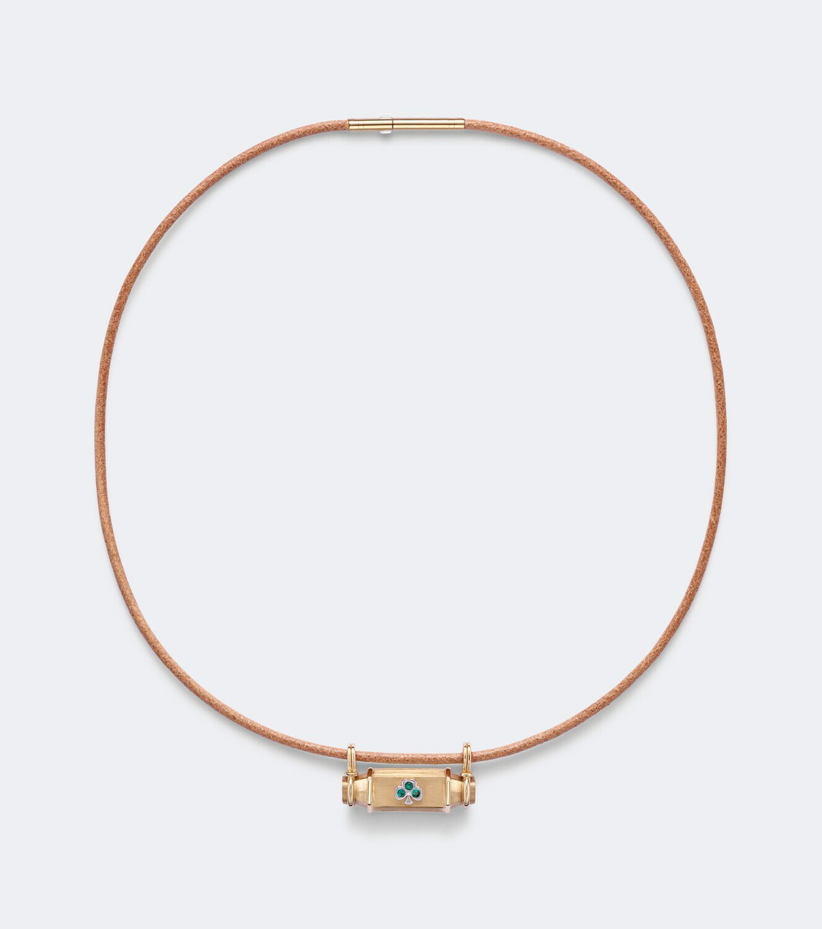 Marie Lichtenberg Clover Smash 18kt gold and leather locket necklace with emeralds
