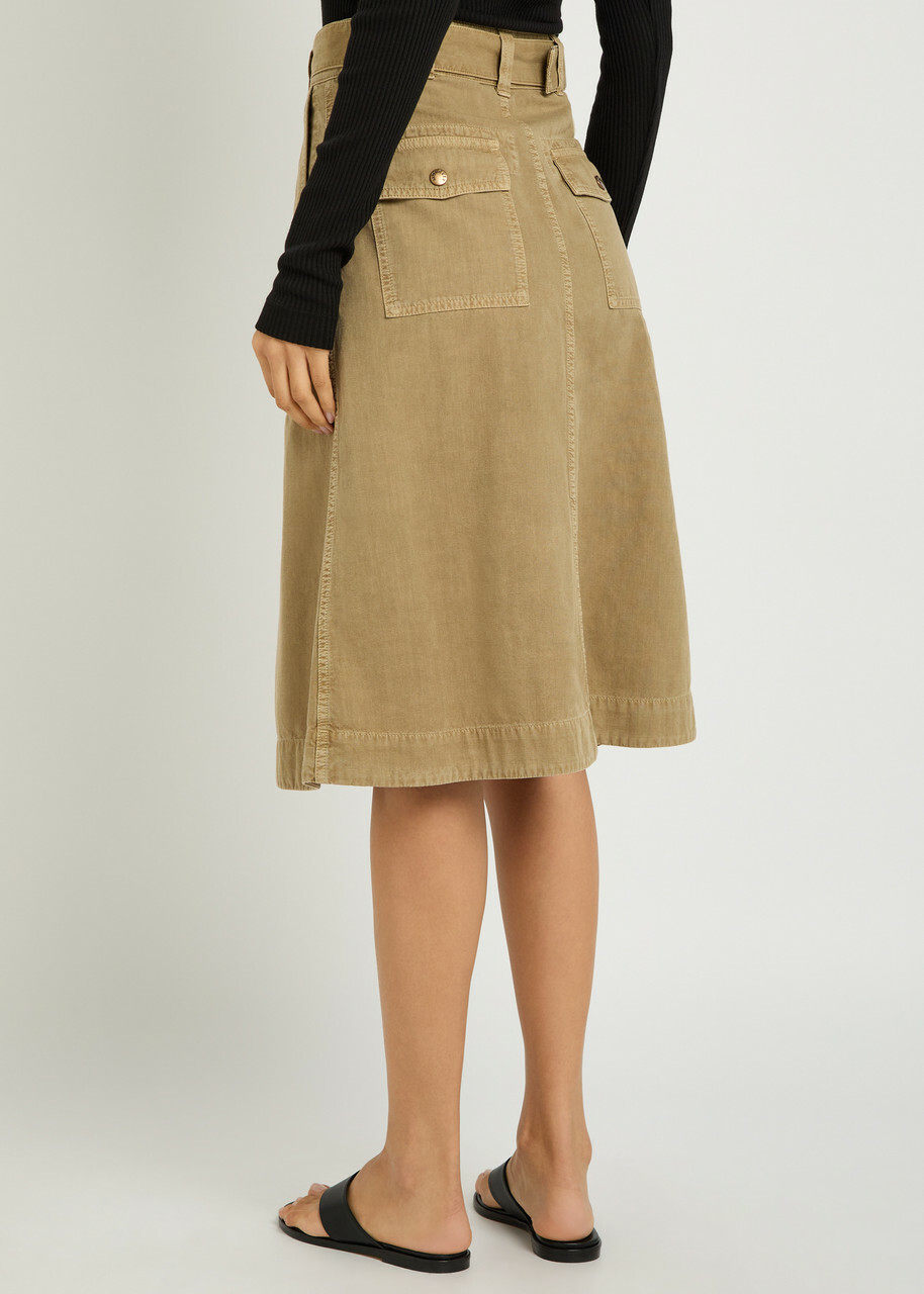 Moncler Belted Cotton-twill Midi Skirt Beige