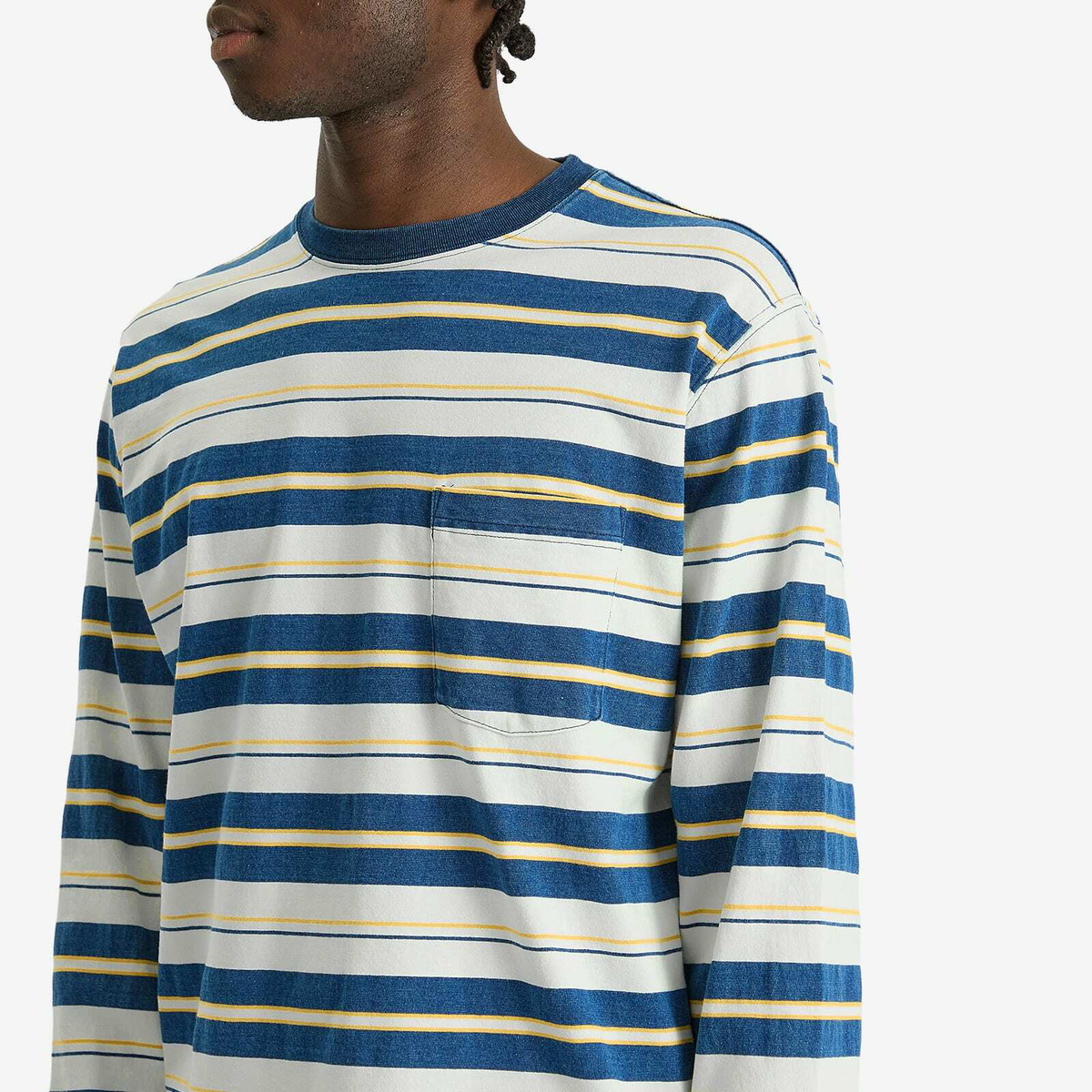 Beams Plus Men's Long Sleeve Stripe Pocket T-Shirt in One Wash