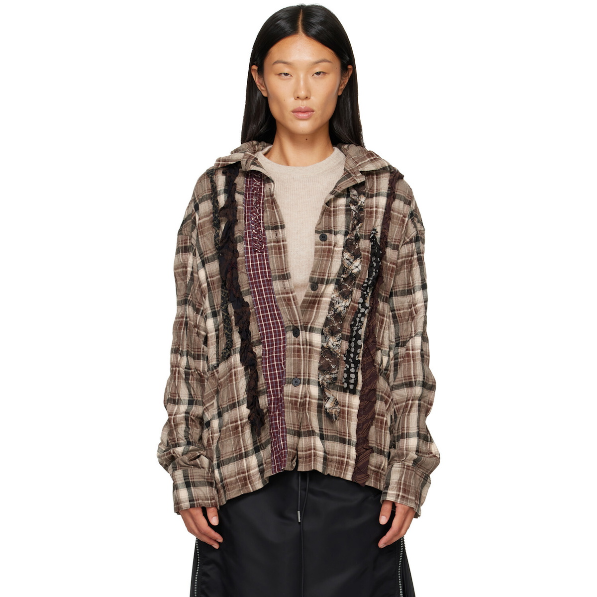 OPEN YY Brown Checkered Crinkle Ruffle Shirt