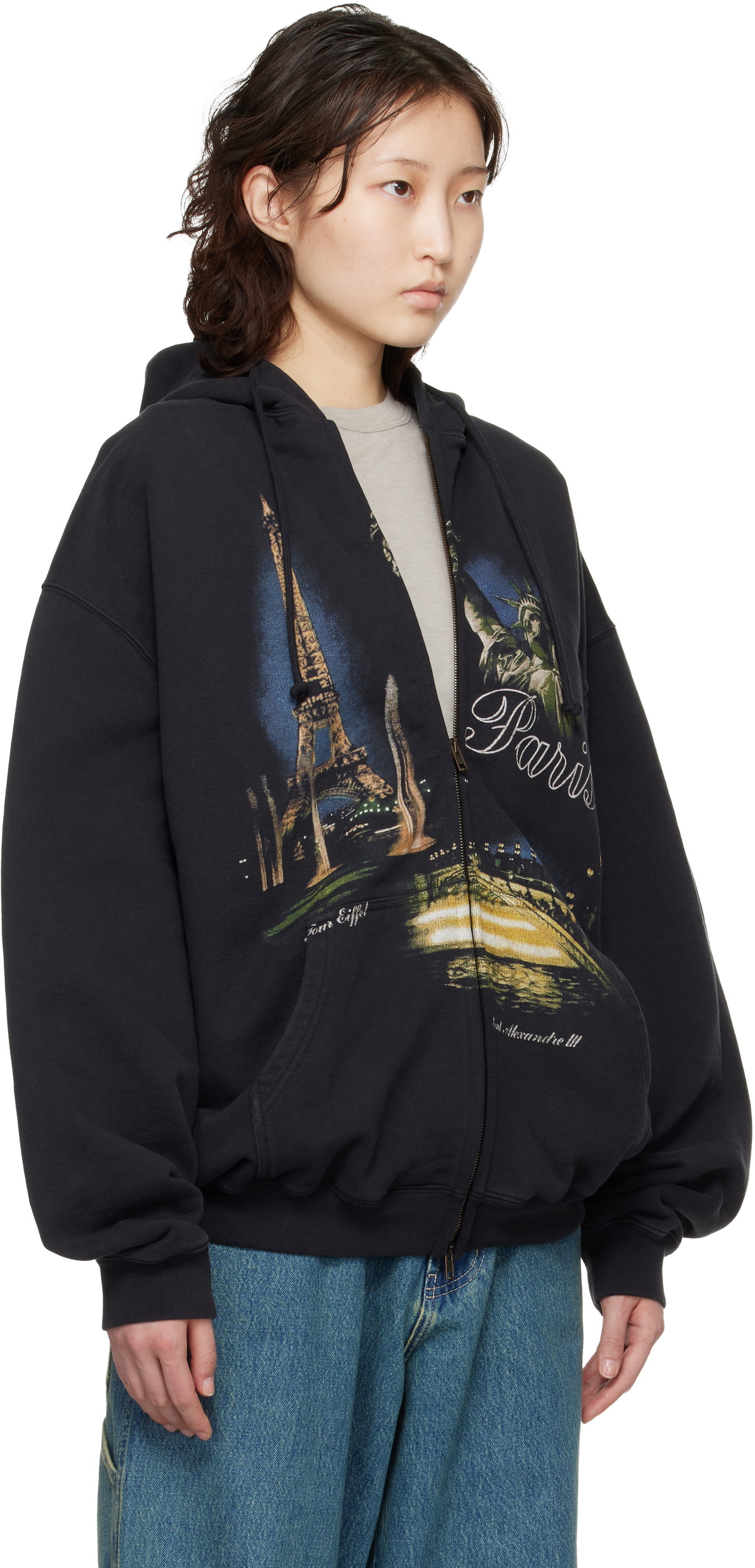 VETEMENTS Black 'Paris' Tourist Zip Up Hoodie