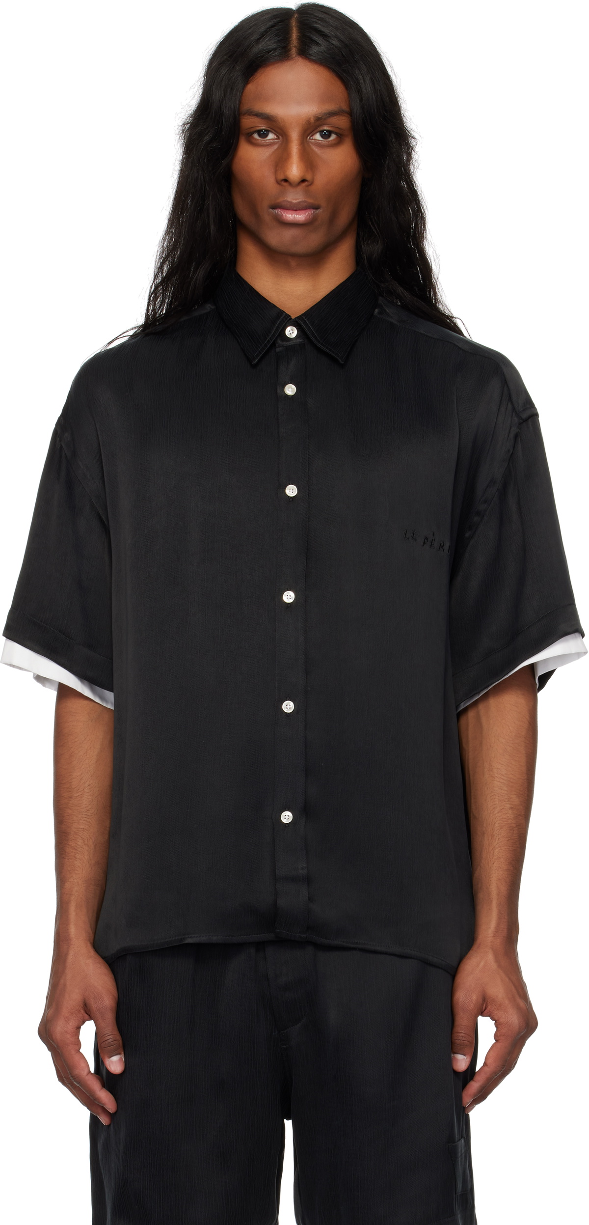 le PÈRE Black Double Short Sleeve Button Down Shirt