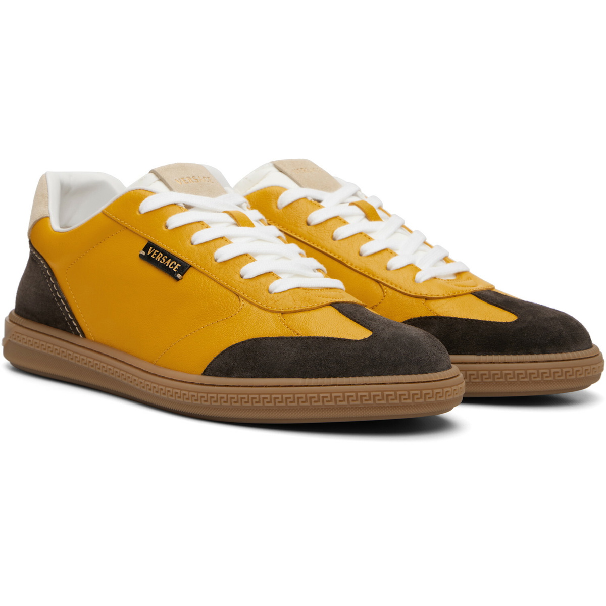 Versace Yellow Greca Court Nappa & Suede Sneakers