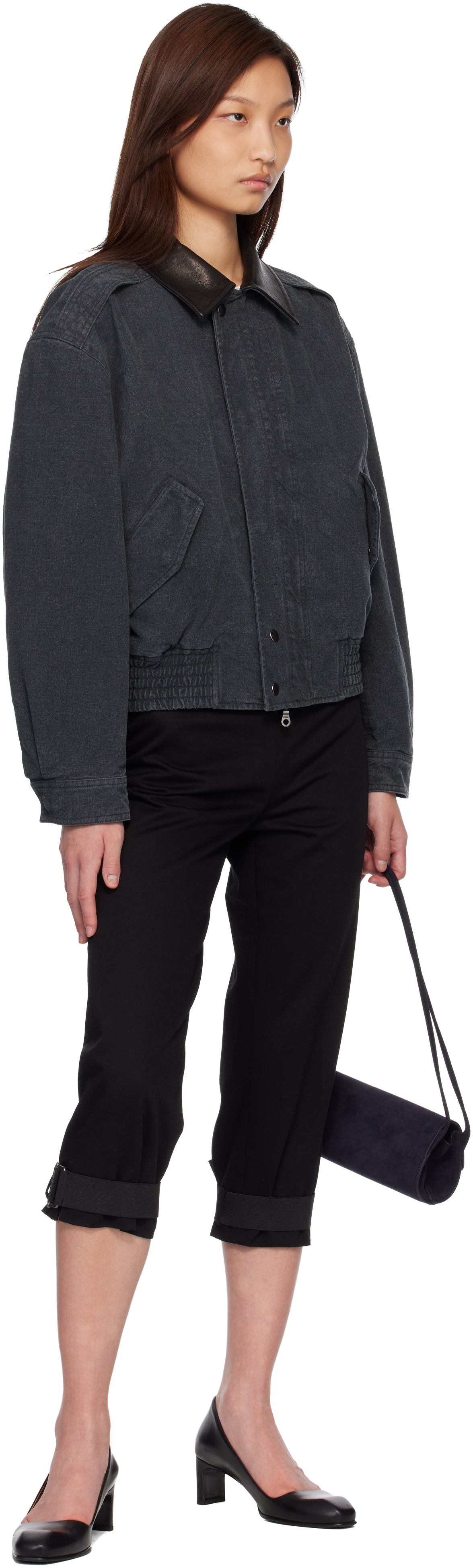 COOR Navy Leather Collar Washed Cationized Bomber Jacket
