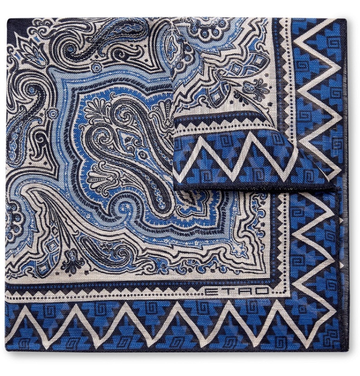 Photo: Etro - Printed Linen and Silk-Blend Pocket Square - Blue