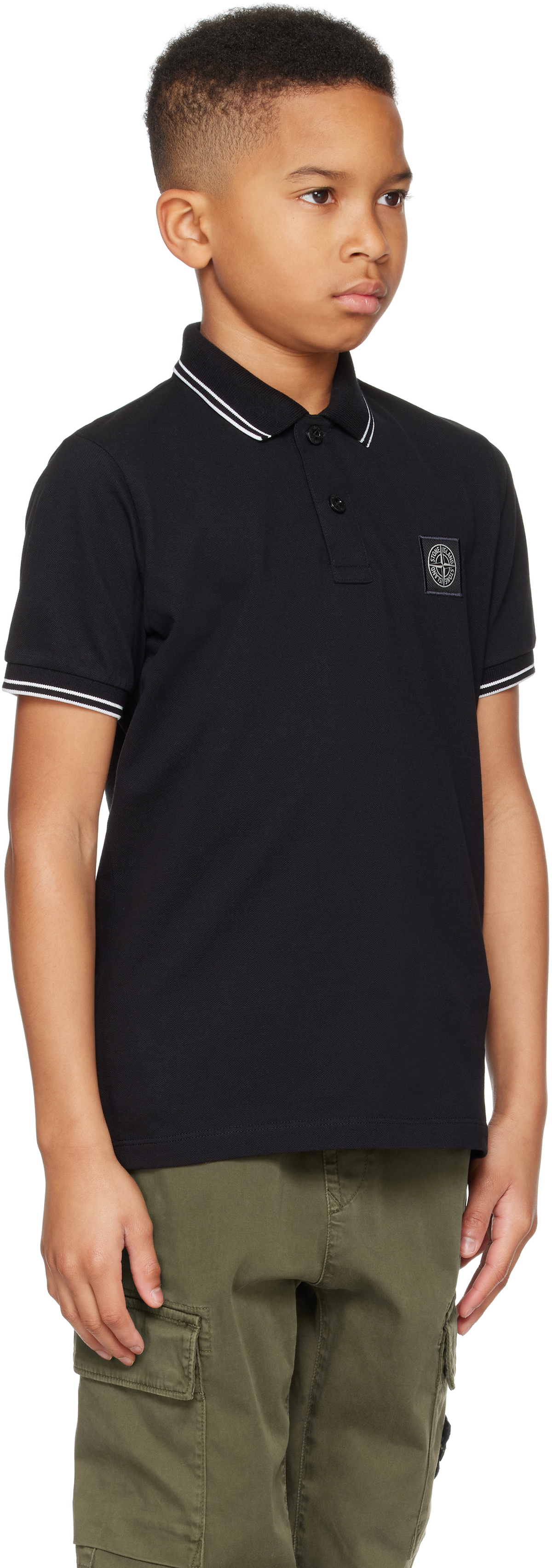 Stone Island Junior Kids Black 21348 Organic Stretch Cotton Piqué Polo