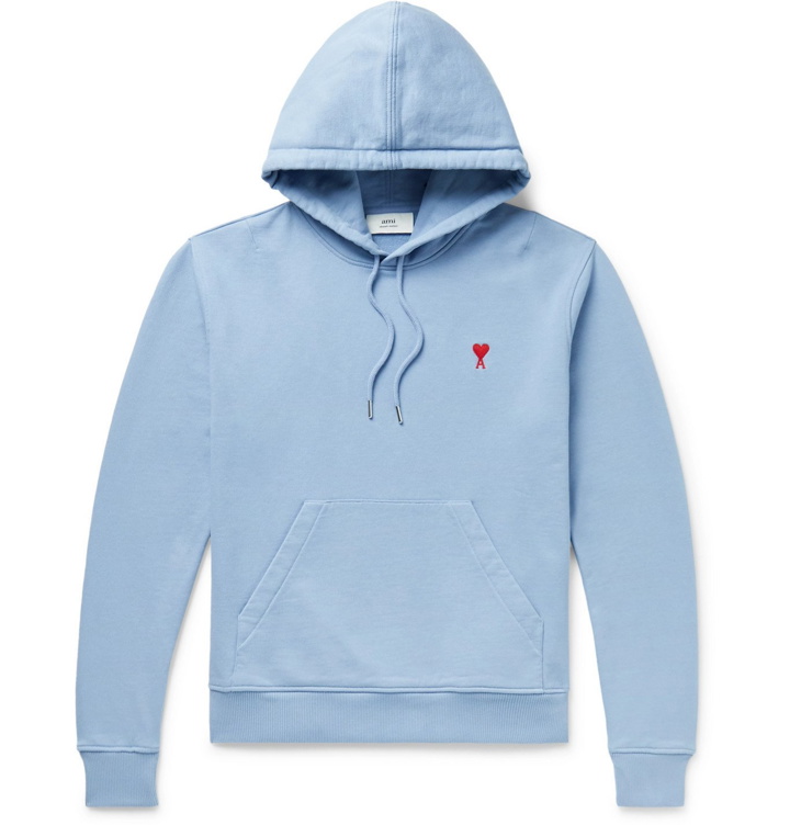 Photo: AMI PARIS - Logo-Embroidered Loopback Cotton-Jersey Hoodie - Blue