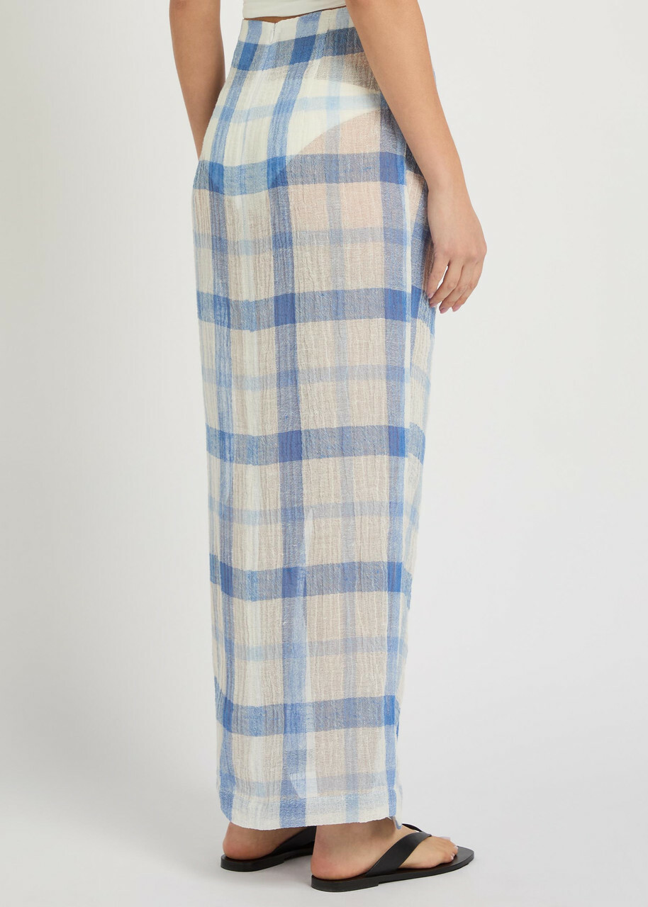 Lisa Marie Fernandez Checked Linen-blend Sarong Skirt Blue And White