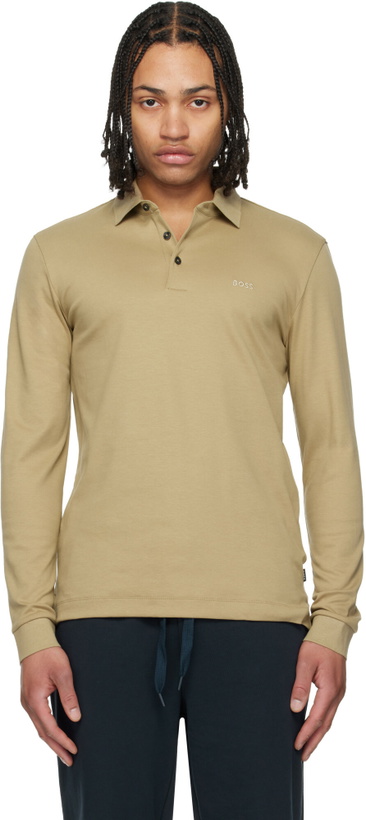 Photo: BOSS Beige Long-Sleeved Interlock Cotton Logo Polo