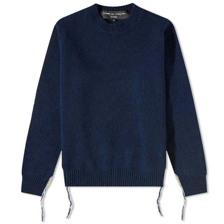 Photo: Comme des Garçons Homme Men's Lambswool Distressed Crew Knit in Navy/White