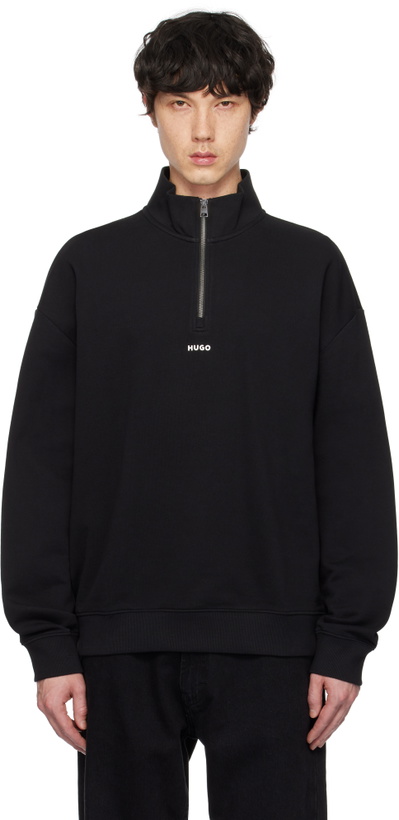 Photo: Hugo Black Logo Print Cotton-Terry Zip-Neck Sweatshirt