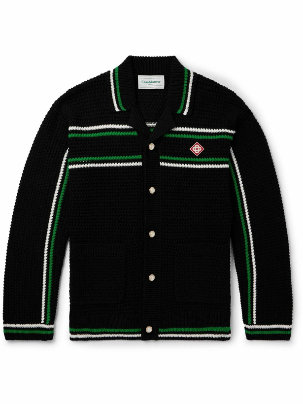 Photo: Casablanca - Camp-Collar Logo-Appliquéd Striped Crocheted Cotton Cardigan - Black