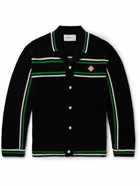Casablanca - Camp-Collar Logo-Appliquéd Striped Crocheted Cotton Cardigan - Black