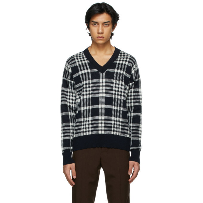 Photo: AMI Alexandre Mattiussi Navy Check V-Neck Sweater