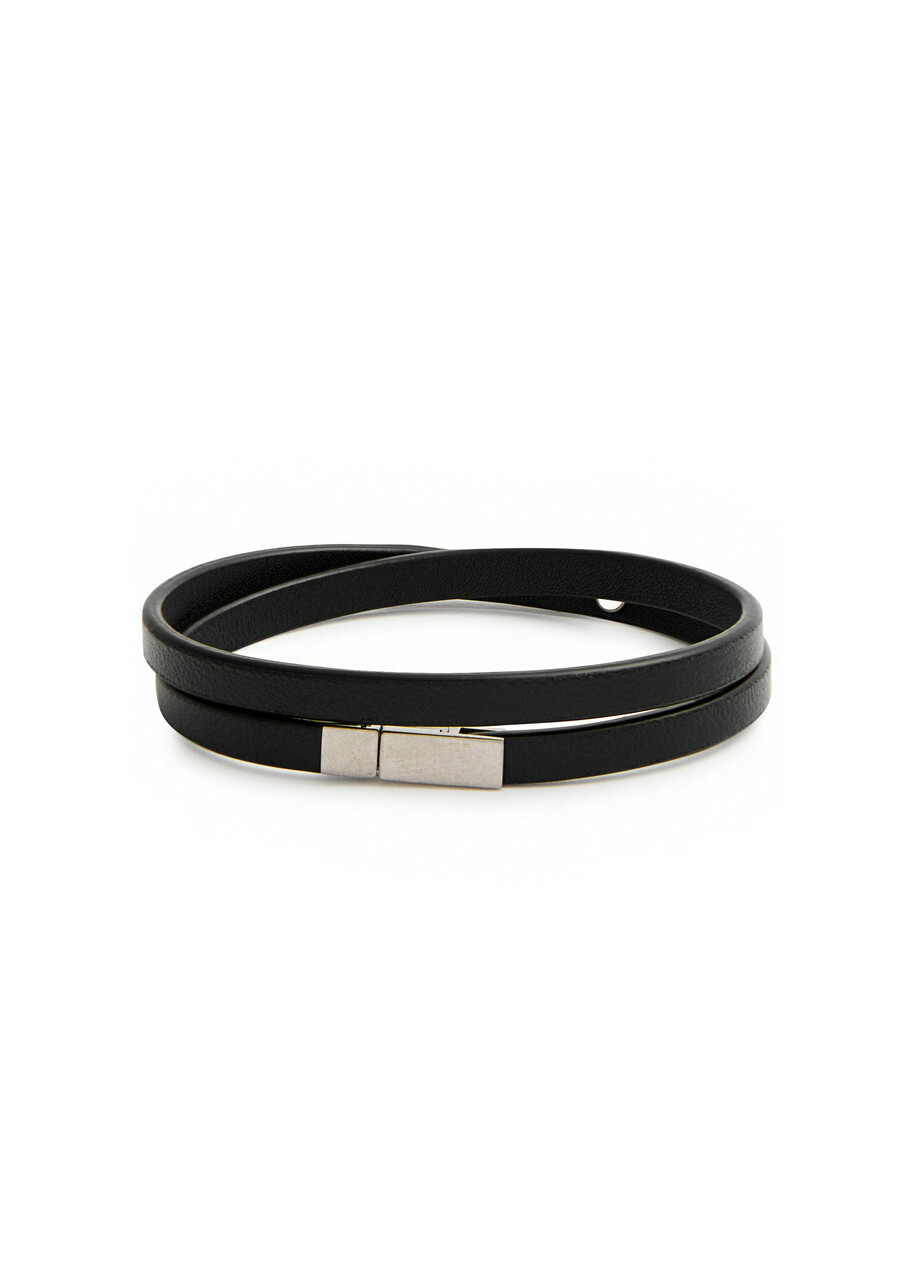 Saint Laurent Logo Leather Double-wrap Bracelet Black