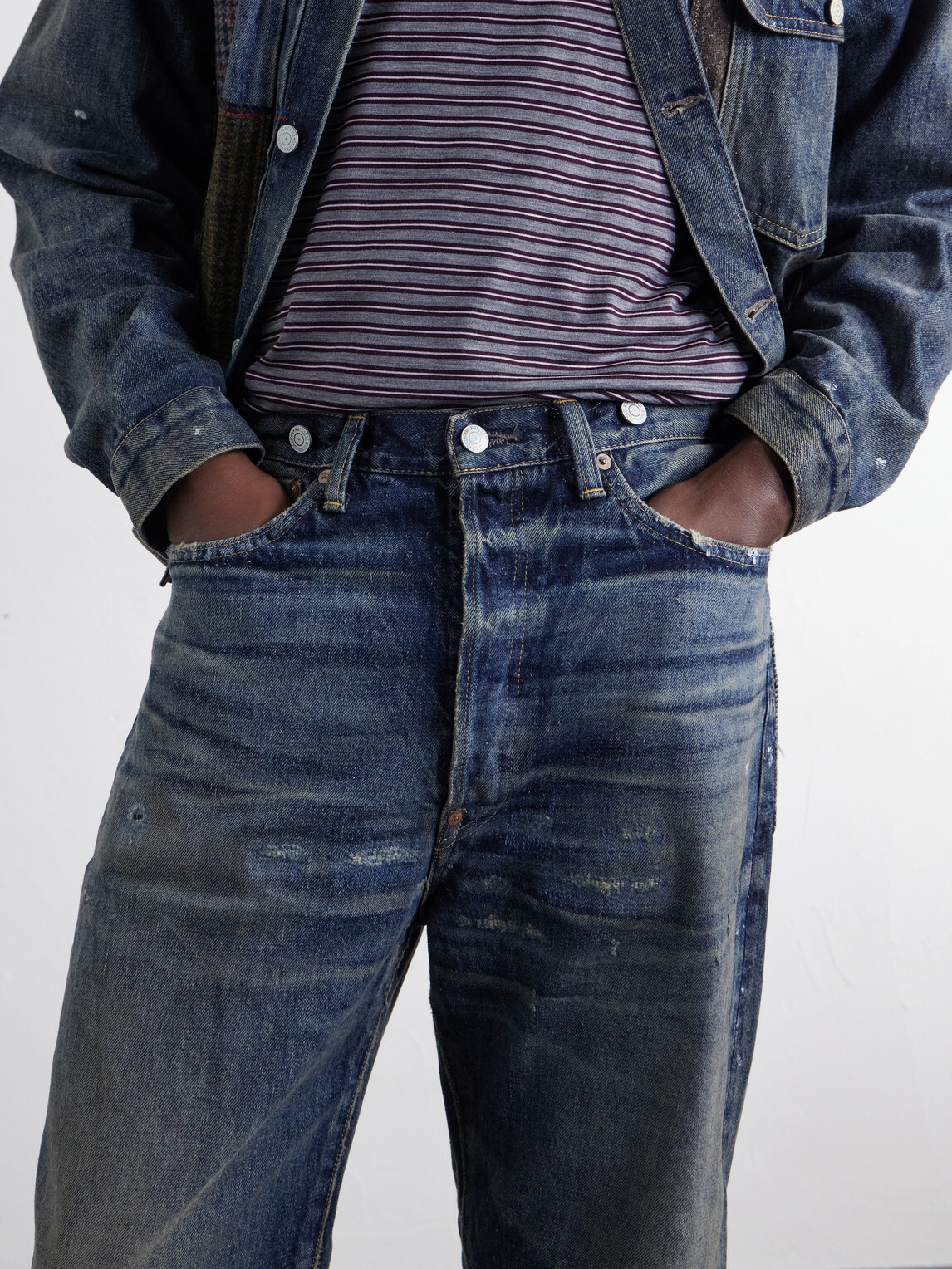 Junya Watanabe - Distressed Paint-Splattered Flared Jeans - Blue