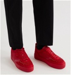 Christian Louboutin - Happyrui Spiked Suede-Trimmed Glittered-Mesh Sneakers - Red