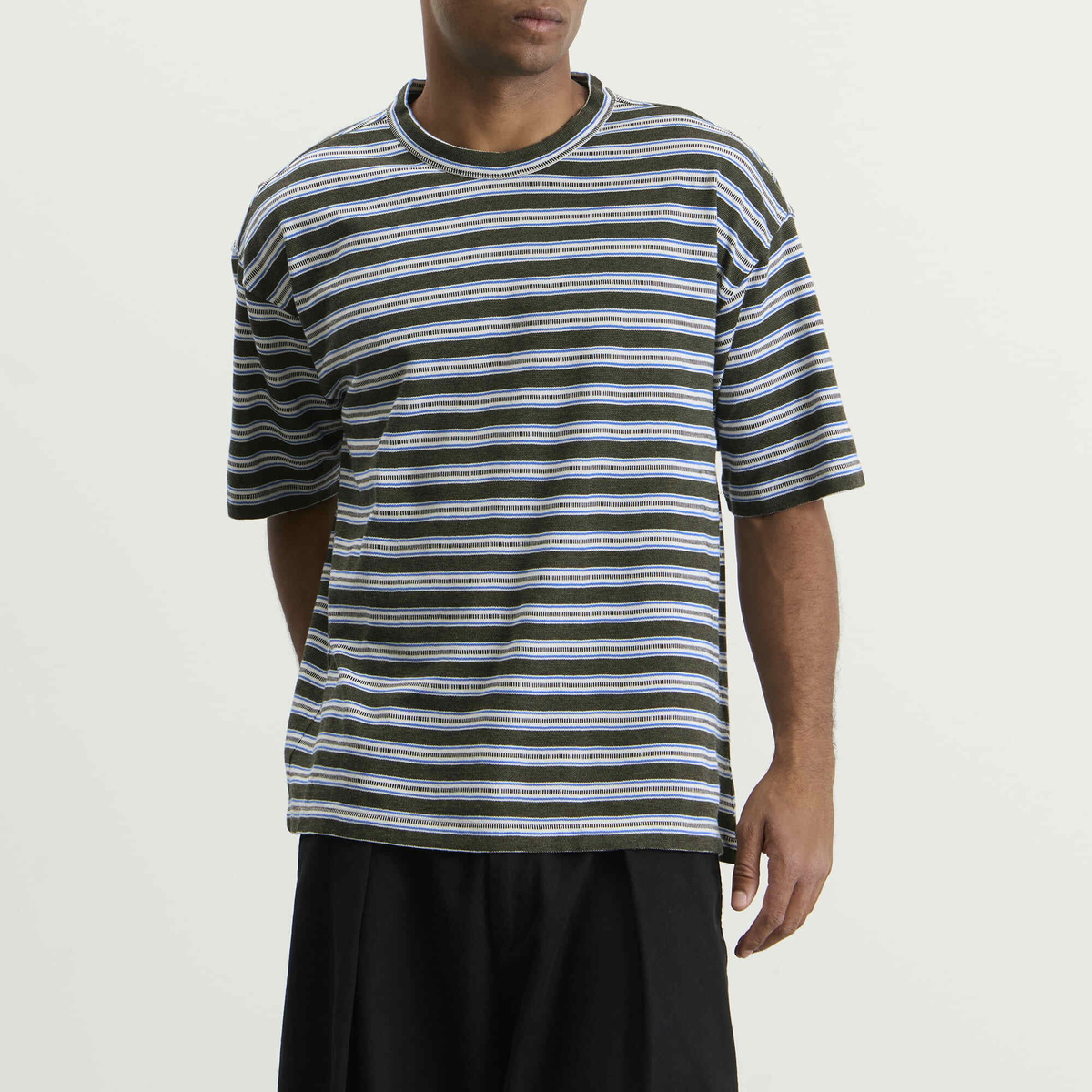 YMC Men's Rapport Stripe Triple T-Shirt in Dark Green Multi