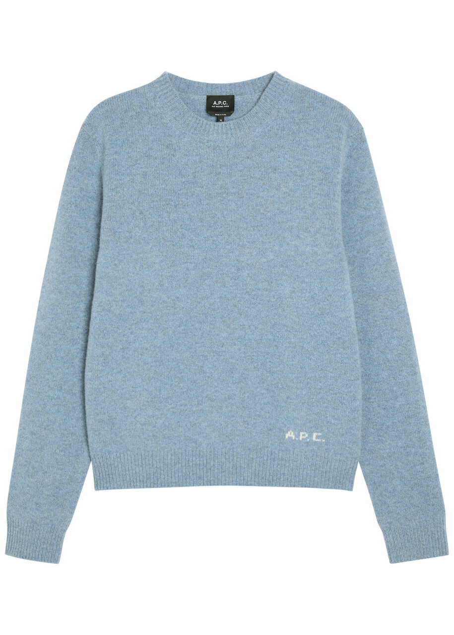 A.P.C. Logo-intarsia Mélange-knit Jumper Blue