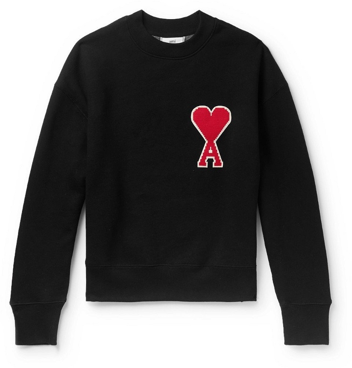 Photo: AMI - Logo-Appliquéd Fleece-Back Cotton-Blend Jersey Sweatshirt - Black