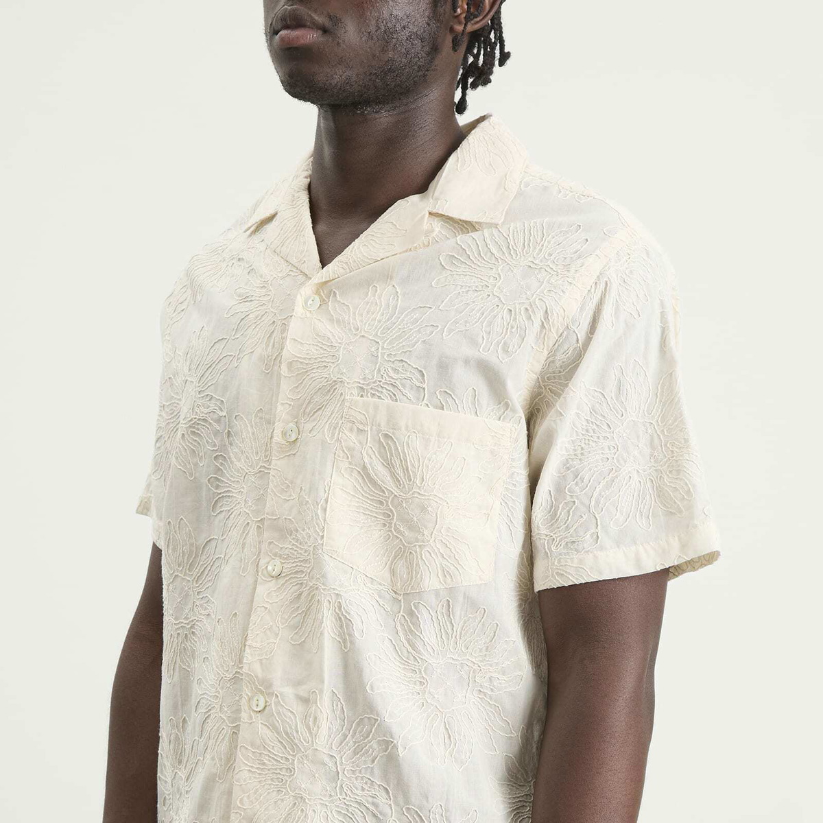 Portuguese Flannel Men's Duke Embroidered Vacation Shirt in Ecru