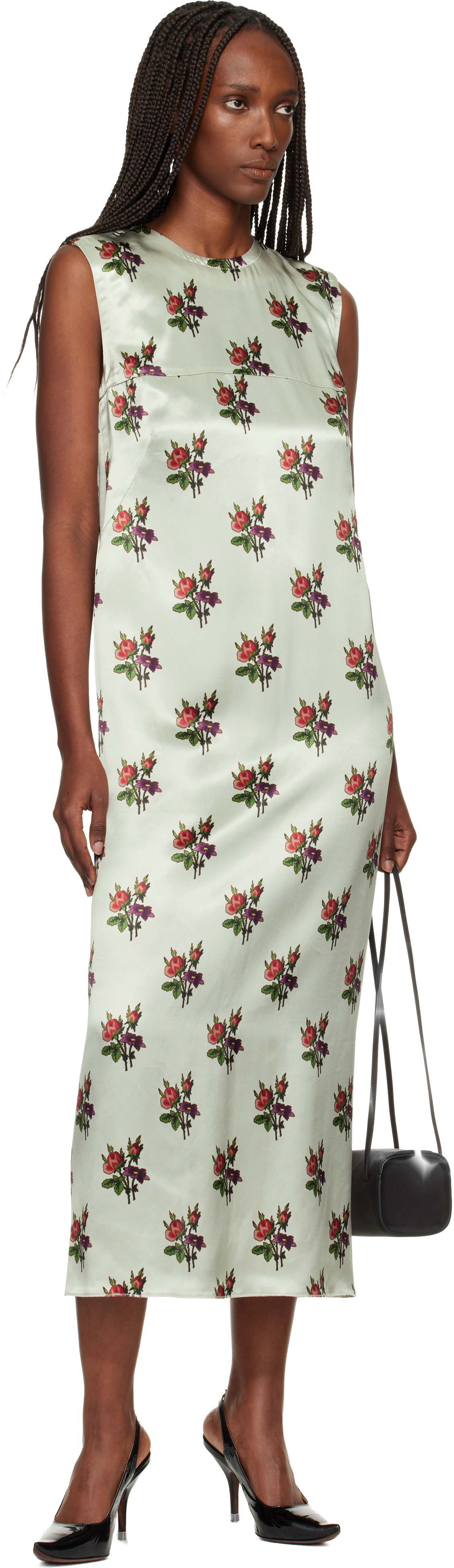 Meryll Rogge Green Floral Satin Shift Maxi Dress