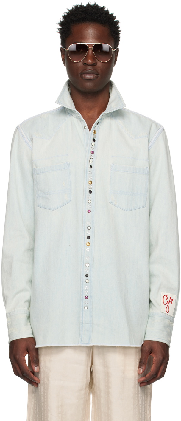 Goosudu Solid Color Rhinestone Glistening Denim Shirt main image 1