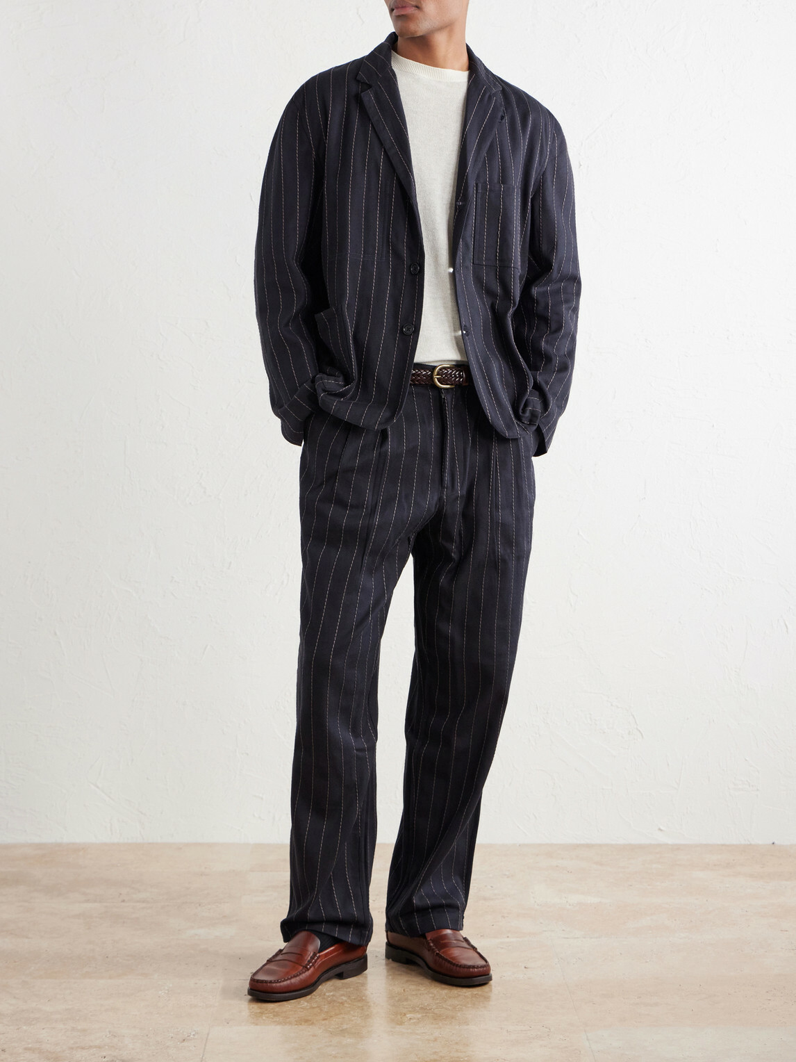 Kardo - Somesh Embroidered Striped Herringbone Cotton Suit Jacket - Blue