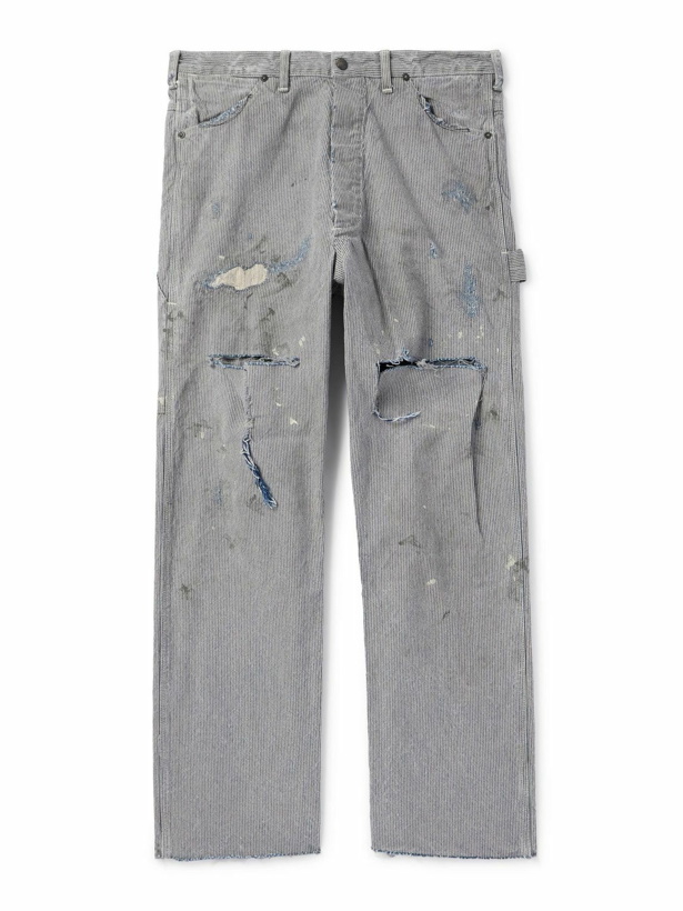 Photo: SAINT Mxxxxxx - Straight-Leg Distressed Striped Paint-Splattered Jeans - Blue