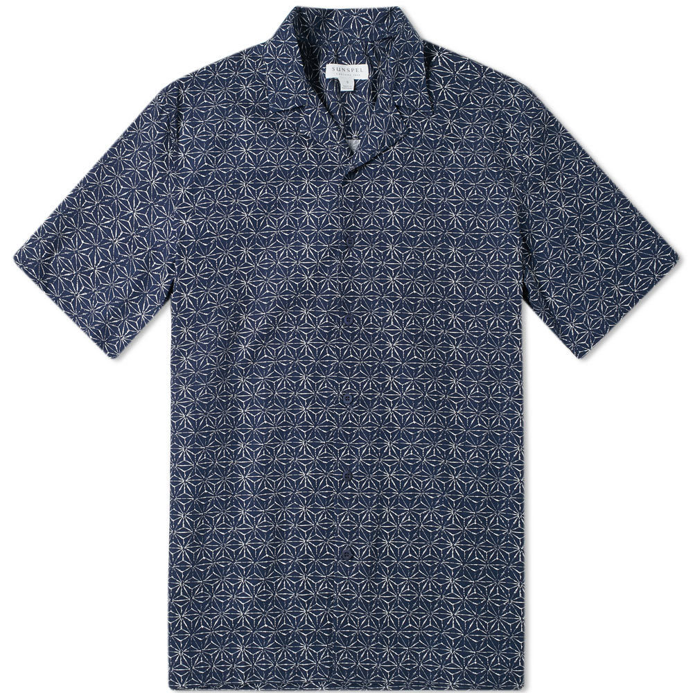 Sunspel Short Sleeve Shirt Shibori Stars Navy Sunspel