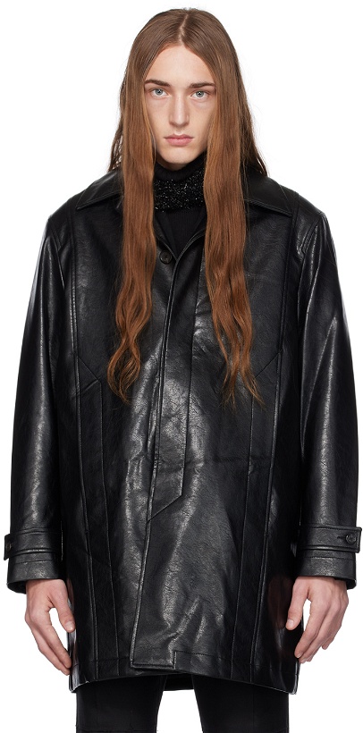 Photo: Youth Black Buttoned Faux-Leather Coat