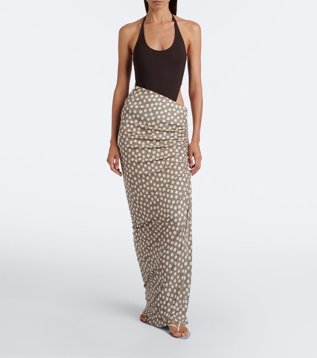 Alaïa Gathered polka-dot jersey maxi skirt