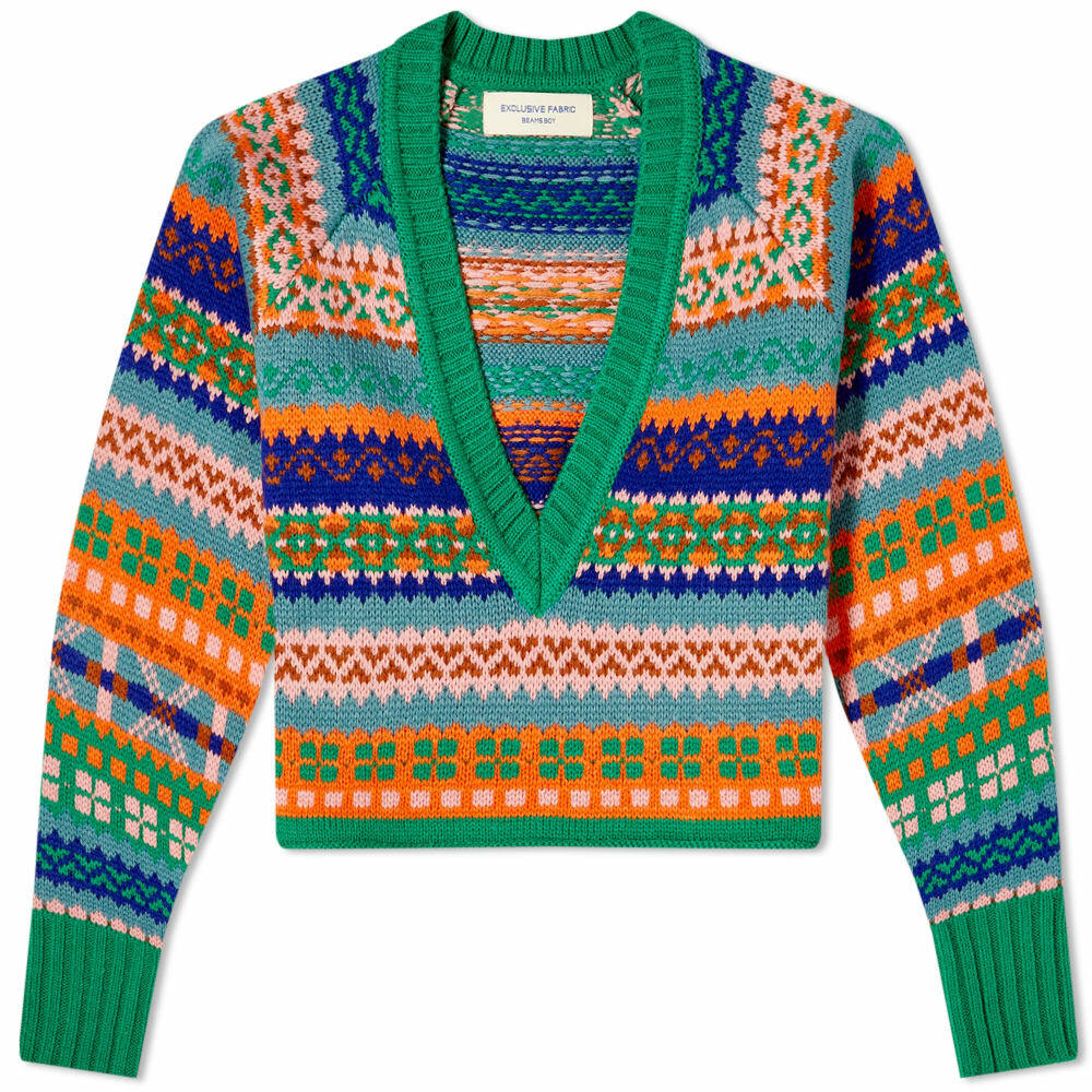 Beams Boy Women's V Neck Fairisle Knit in Green