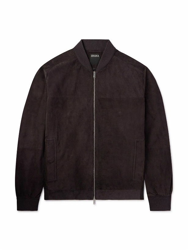 Photo: Zegna - Leather-Trimmed Suede Bomber Jacket - Brown
