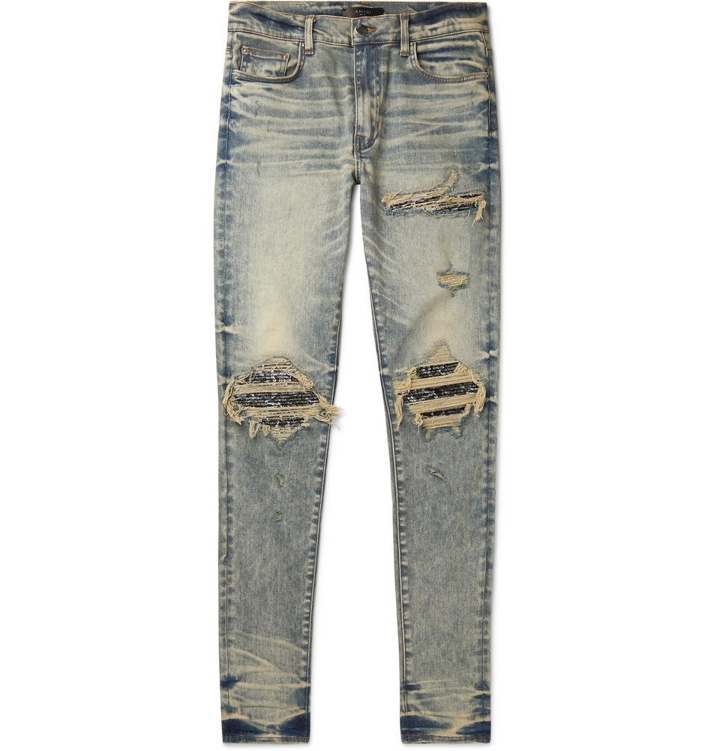 Photo: AMIRI - MX1 Skinny-Fit Panelled Distressed Stretch-Denim Jeans - Mid denim