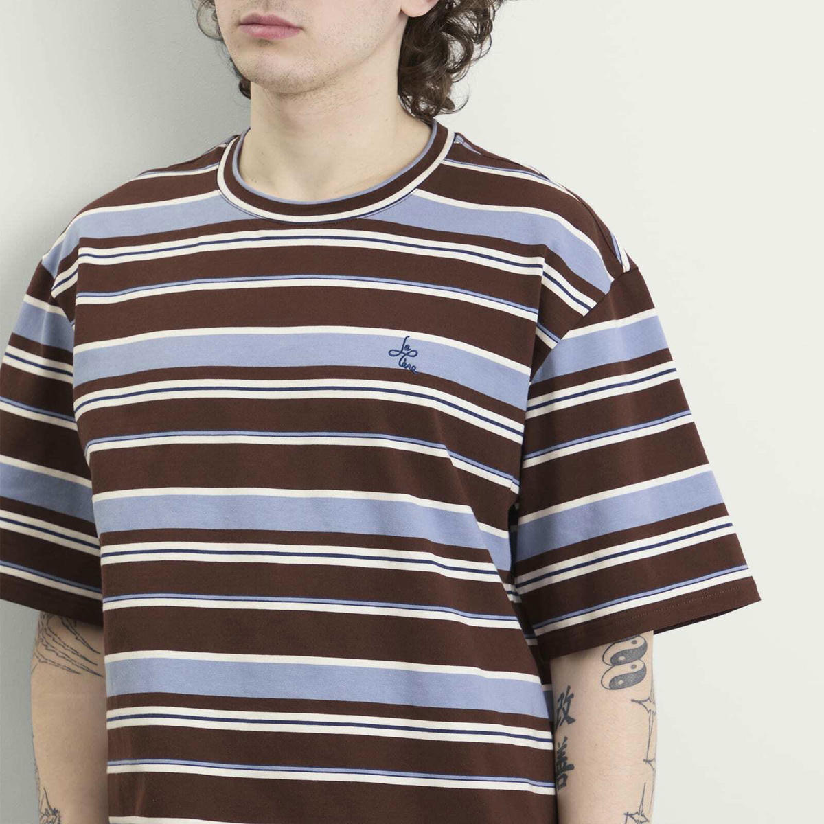 Le Père Men's Tommy T-Shirt in Blue/Brown Stripe
