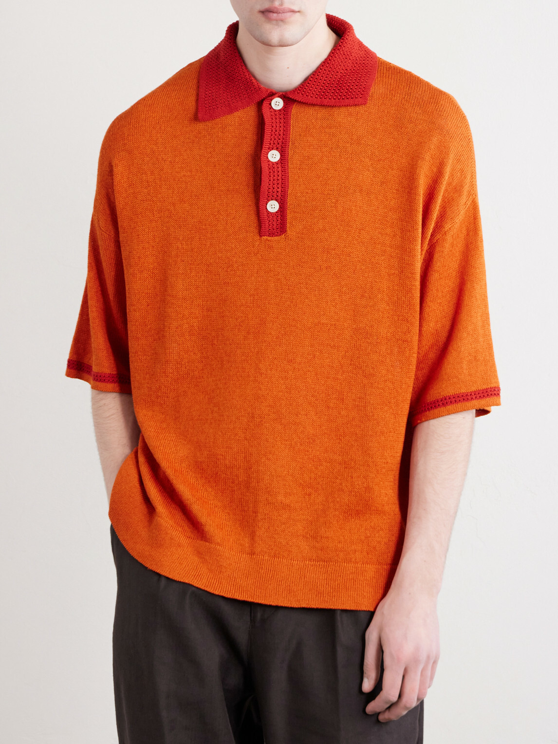 A Kind Of Guise - Open-Knit Organic Cotton and Linen-Blend Polo Shirt - Orange