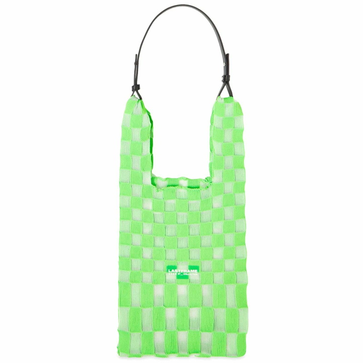 Photo: LASTFRAME Women's Sheer Ichimatsu Market Bag Medium in Neon Green/Clear