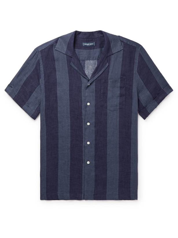 Photo: FRESCOBOL CARIOCA - Thomas Camp-Collar Striped Linen Shirt - Blue